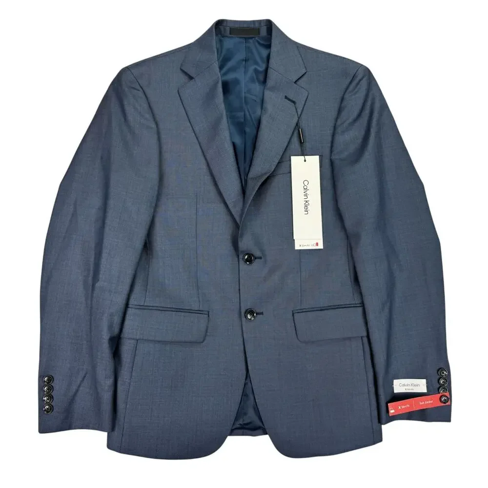 Calvin Klein Mens X Slim Fit Malbin 100% Wool Stretch Suit Jacket Blue 36S